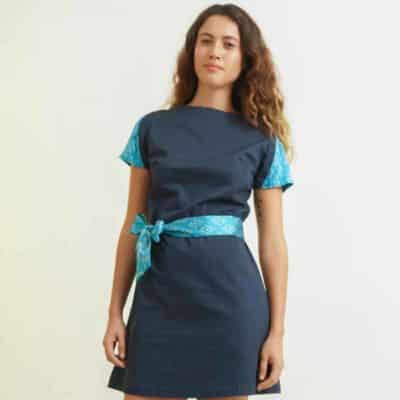 responsible fashion woman dress in cotton and blue silk