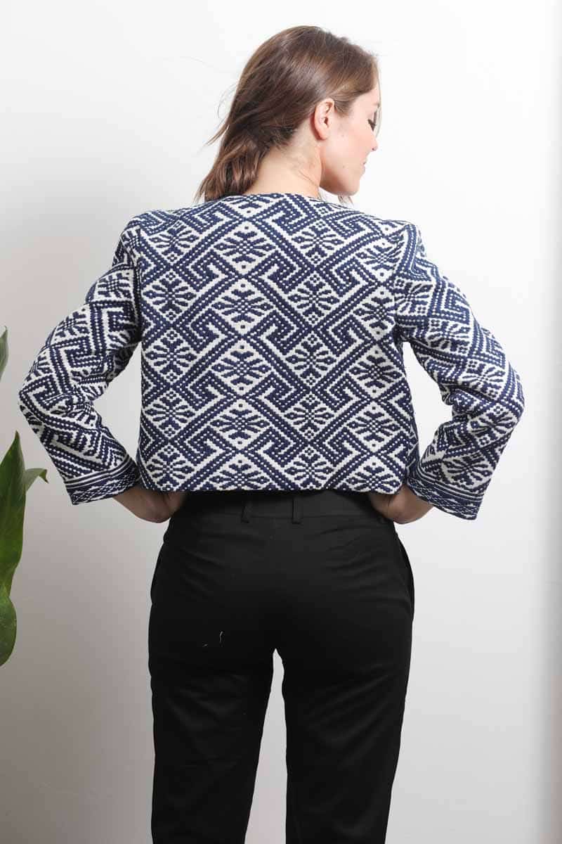 Ethical fashion woman ethnic jacket organic cotton natural dye embroidery dark indigo