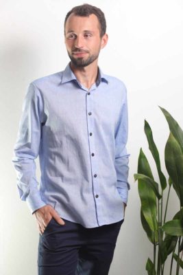 Ethical fashion man shirt linen cotton batik artisanal blue