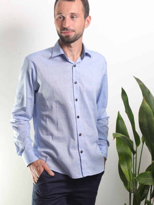 mode ethique homme chemise lin coton batik artisanal bleu