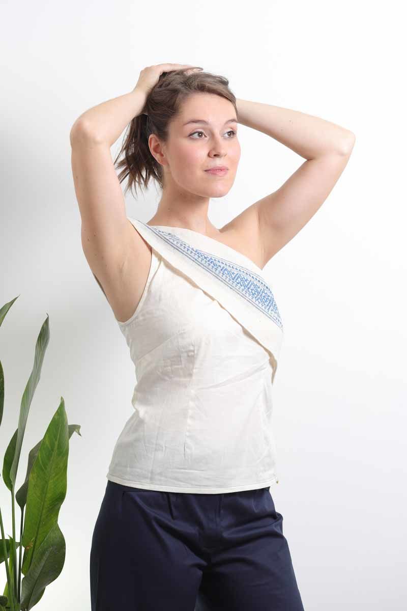 slow fashion woman asymmetric top organic cotton natural dye white