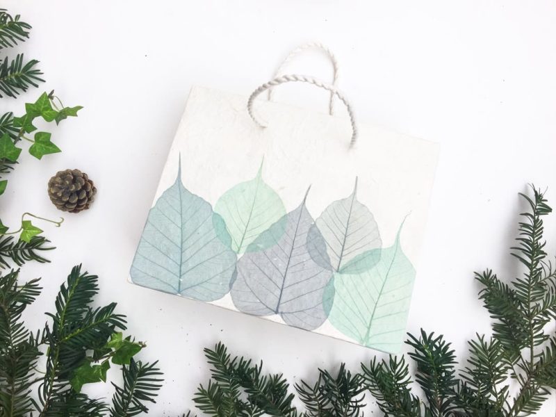 Handcrafted gift bag for Christmas - Blue leaves