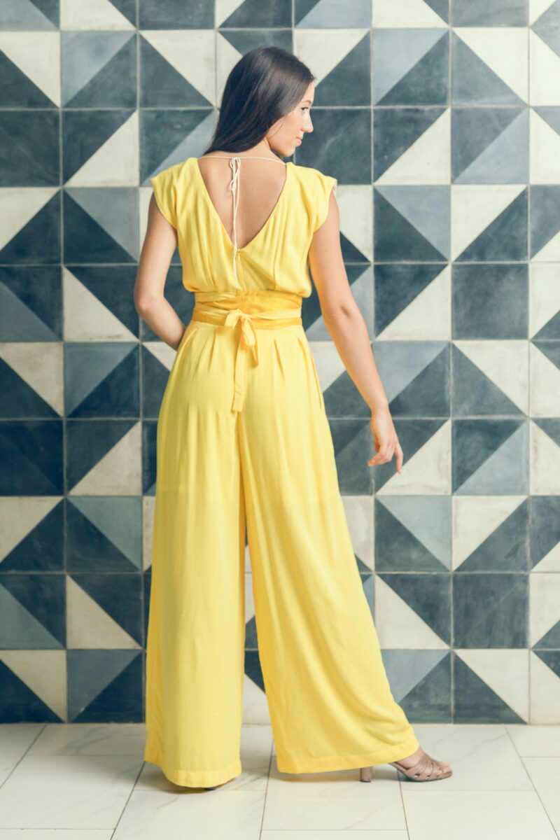 MUUDANA-Responsible eco fashion-Bayon trouser jumpsuit-Cotton and silk-Yellow color-Back view - Vertical