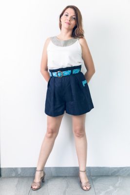 MUUDANA-Responsible eco fashion-Tonle shorts-Linen and silk- Color Blue-Front view with Apsara Top - Vertical