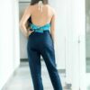 MUUDANA-Responsible eco fashion for women-Bassac cigarette pants-Hand-woven linen and silk-Ikat pattern-Blue color-back view - Vertical