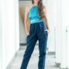MUUDANA-Responsible eco fashion for women-Bassac cigarette pants-Linen and hand-woven silk-Ikat pattern-Blue color-front view - Vertical