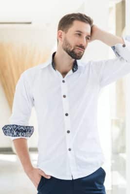 MUUDANA-Responsible eco fashion for men-Kirirom men's shirt-Cotton and silk-Ikat pattern-Front view - Vertical