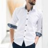 MUUDANA-Responsible eco fashion for men-Kirirom men's shirt-Cotton and silk-Ikat pattern-Front view of hands pockets - Vertical