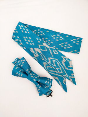 Fair trade silk bow tie and blue silk mini scarf with white pattern